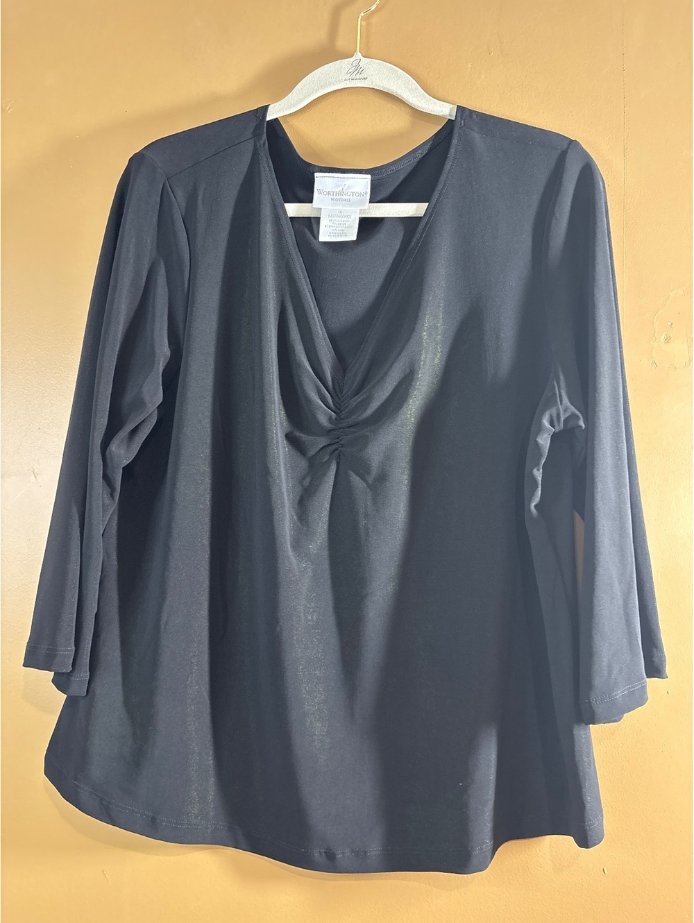 HC1282 Worthington Woman Black V-Neck 3/4 Sleeve Blouse Size 1X